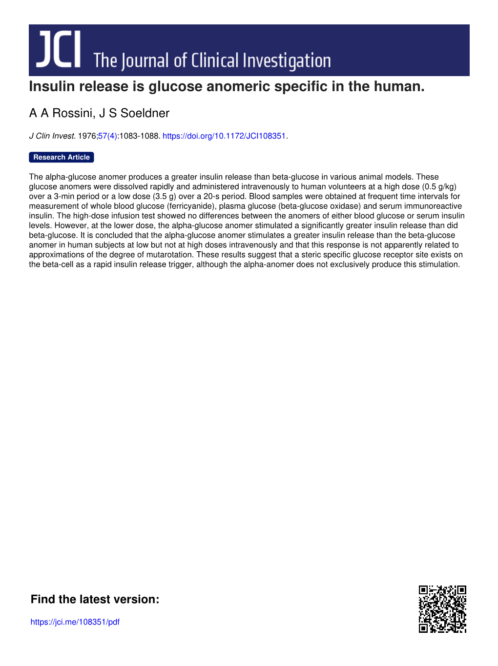 Insulin Release Is Glucose Anomeric Specific in the Human