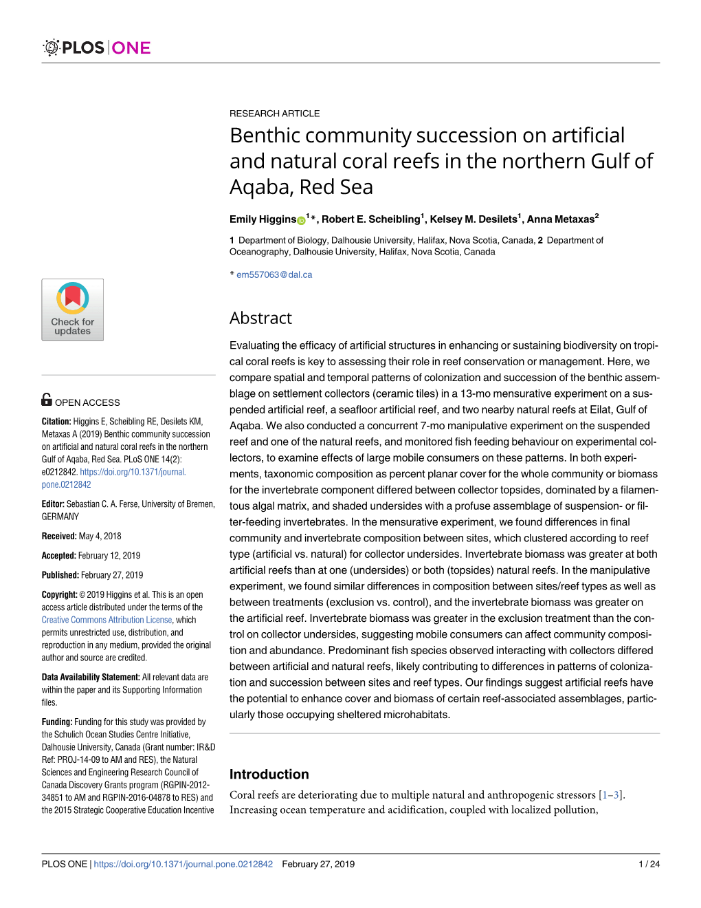 Benthic Community Succession on Artificial and Natural Coral Reefs in the Northern Gulf of Aqaba, Red Sea