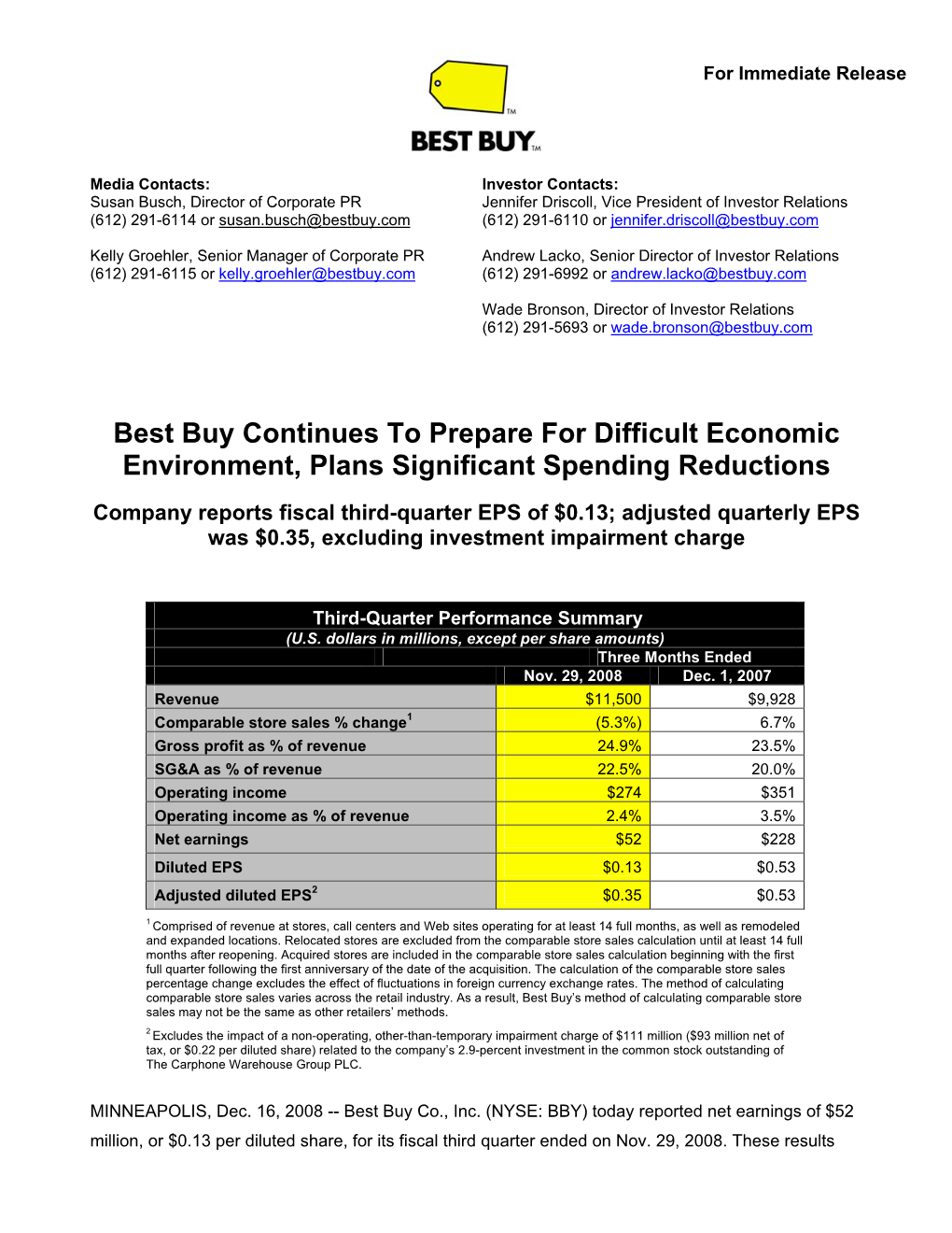 Best Buy Continues to Prepare for Difficult Economic Environment, Plans Significant Spending Reductions