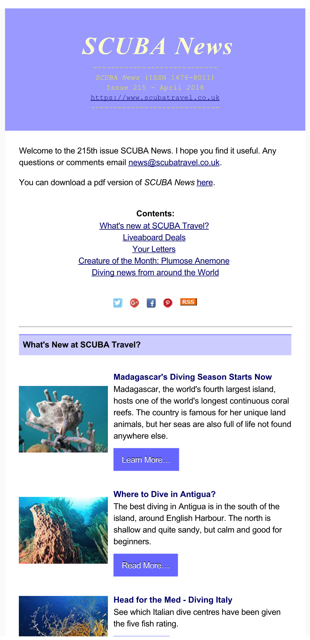 SCUBA News ~~~~~~~~~~~~~~~~~~~~~~~~~~~~ SCUBA News (ISSN 1476­8011) Issue 215 ­ April 2018 ~~~~~~~~~~~~~~~~~~~~~~~~~~~~~