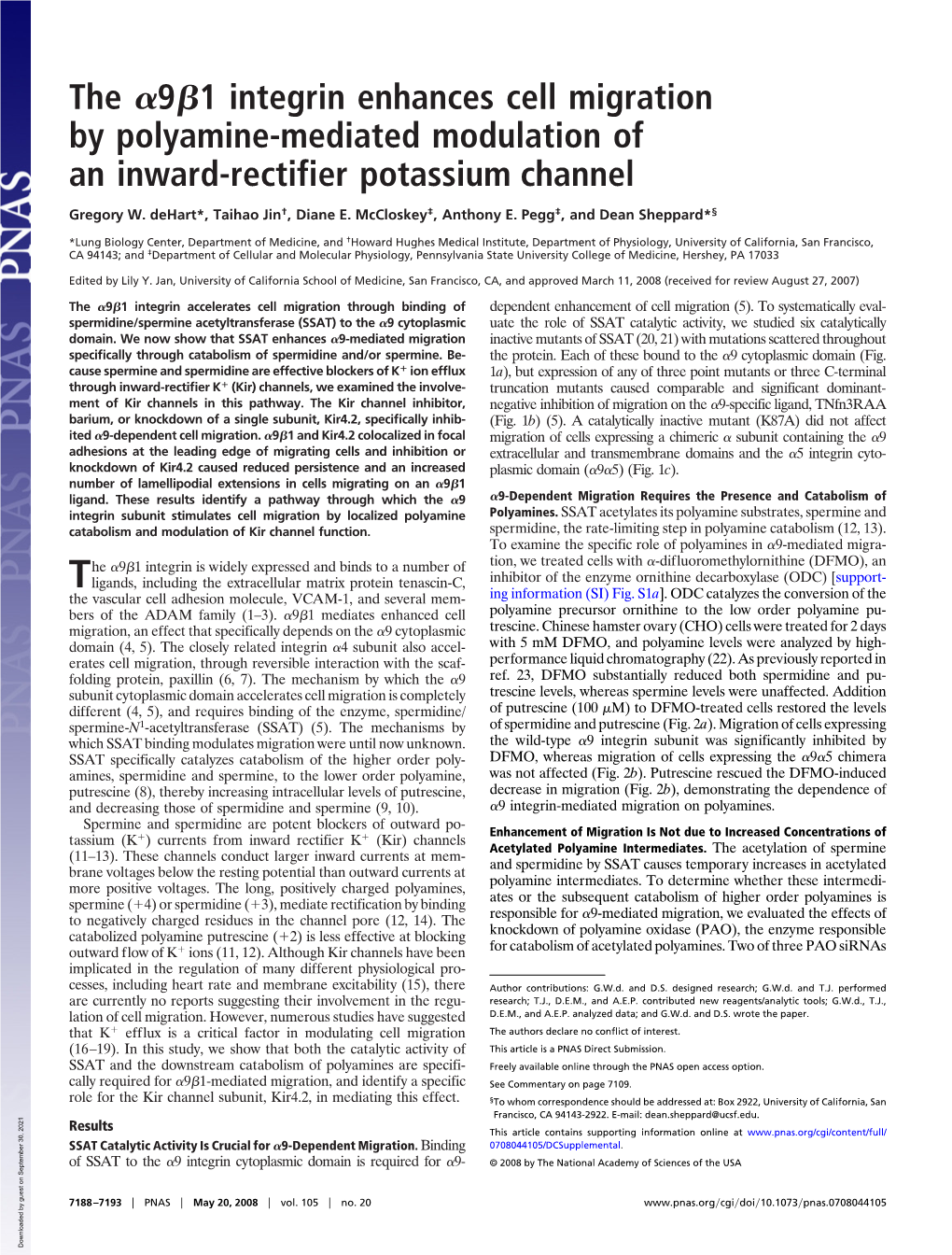 The 9 1 Integrin Enhances Cell Migration by Polyamine-Mediated