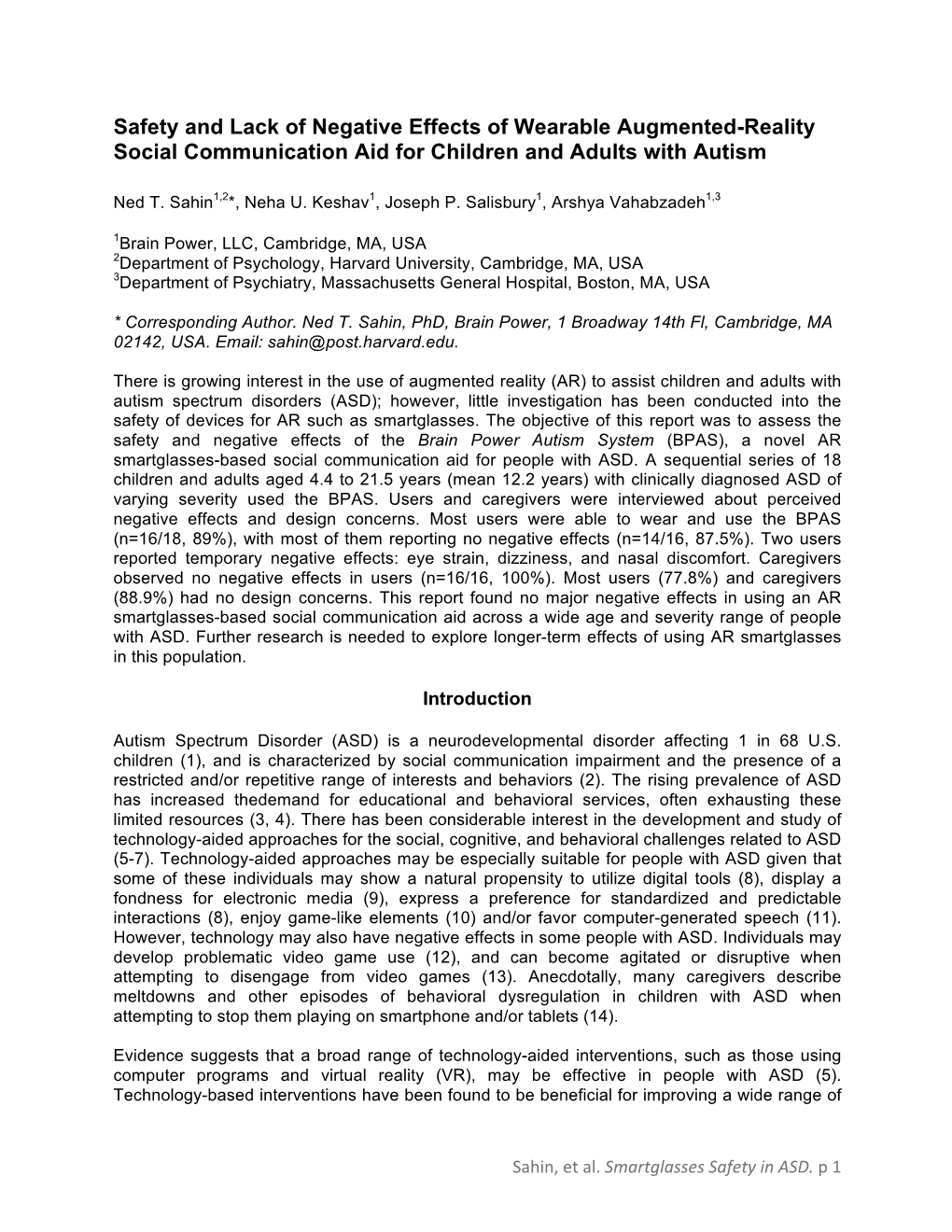 Safety and Lack of Negative Effects of Wearable Augmented-Reality Social Communication Aid for Children and Adults with Autism