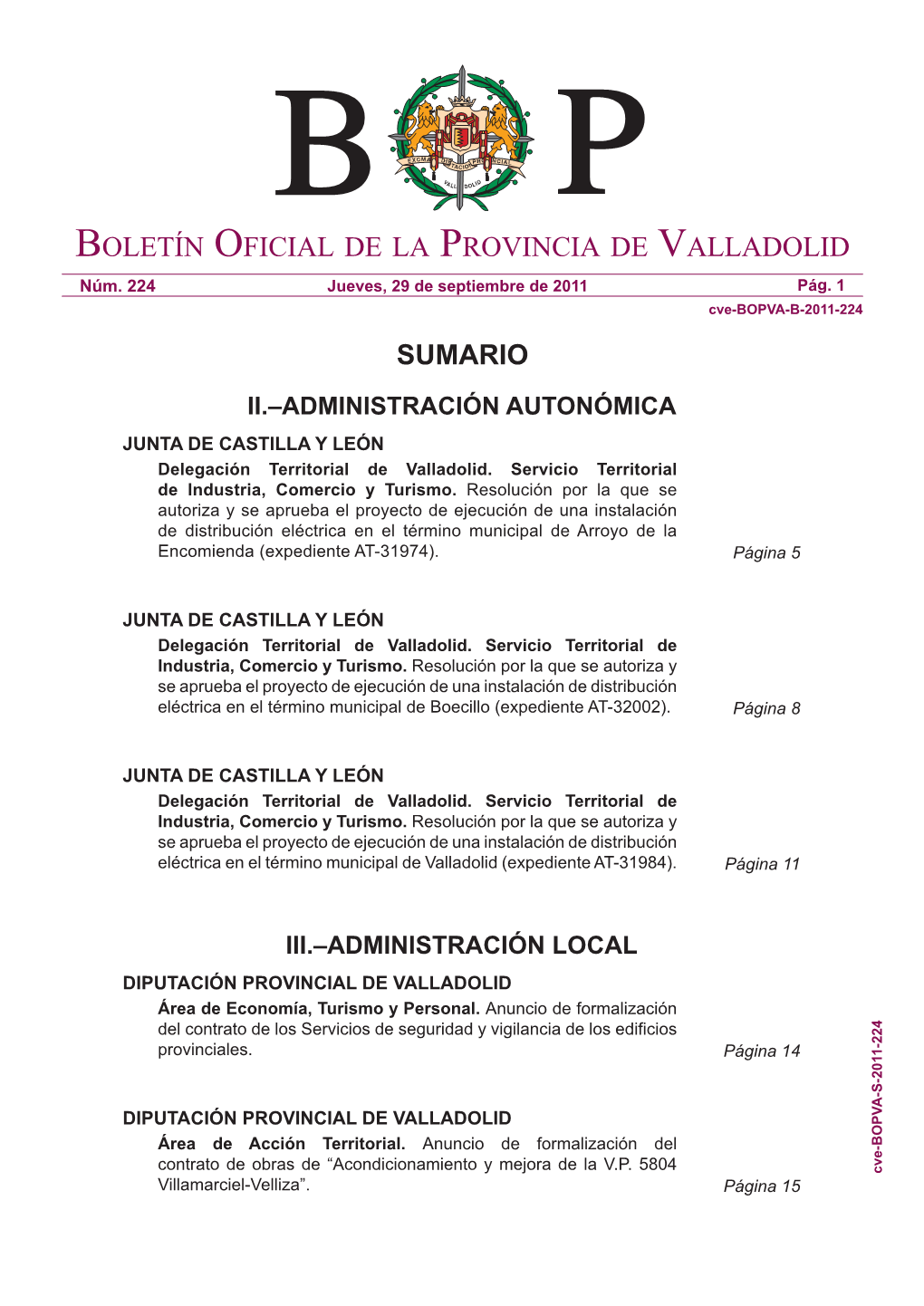 Boletín Oficial De La Provincia De Valladolid Sumario