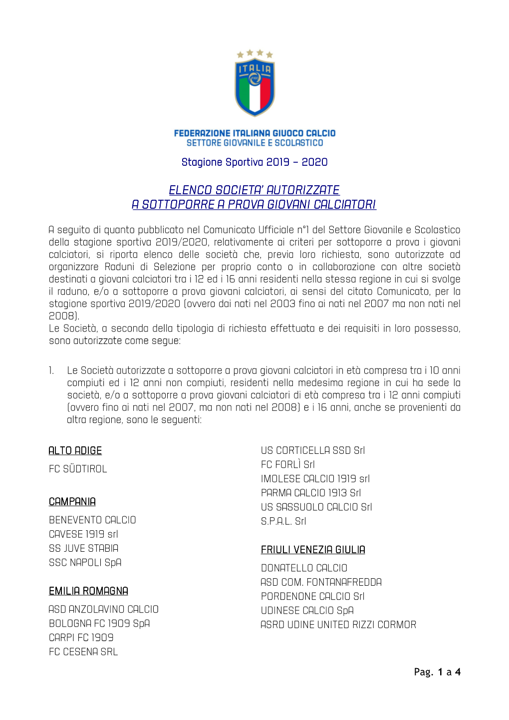 Elenco Dei Club Autorizzati Per Raduni E Provini Per Il 2019-2020