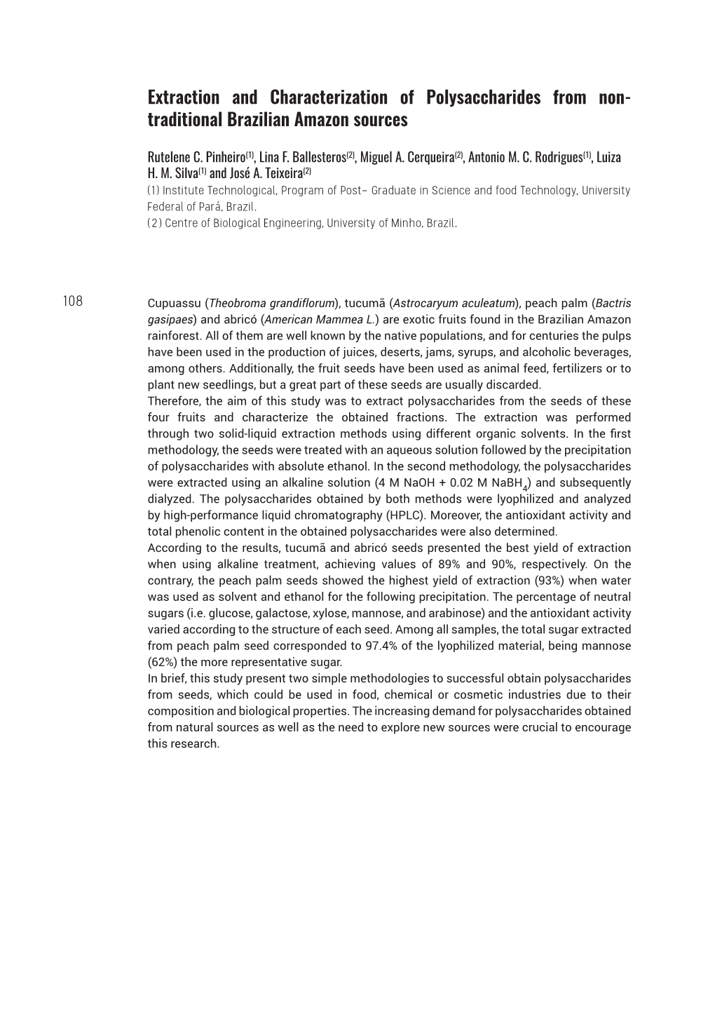 Extraction and Characterization of Polysaccharides from Non- Traditional Brazilian Amazon Sources