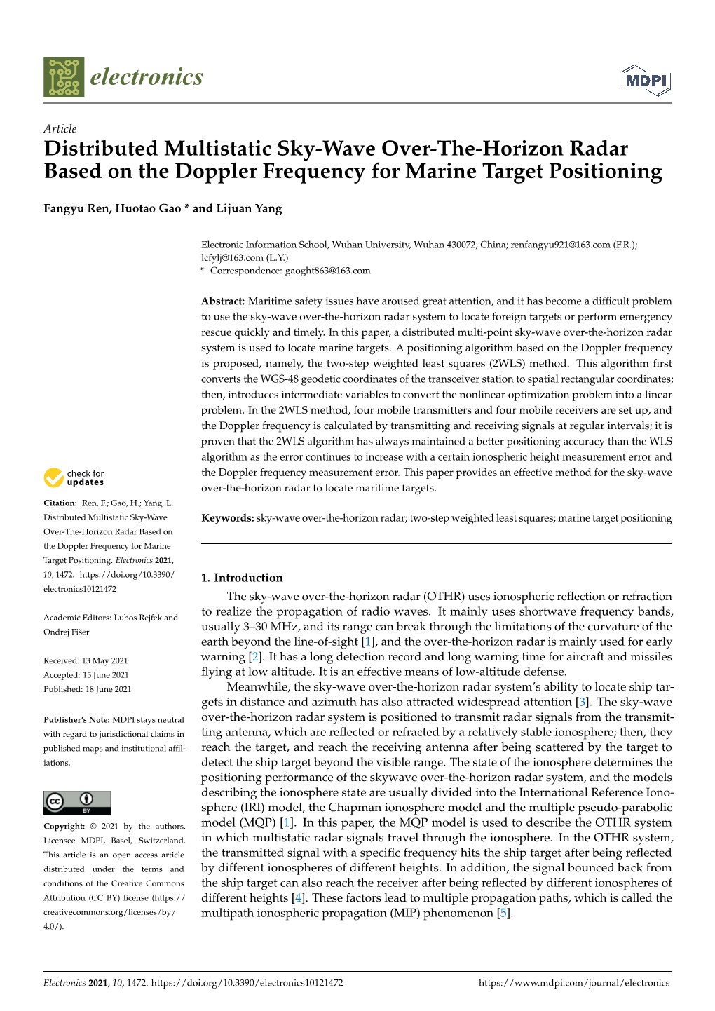 Distributed Multistatic Sky-Wave Over-The-Horizon Radar Based on the Doppler Frequency for Marine Target Positioning