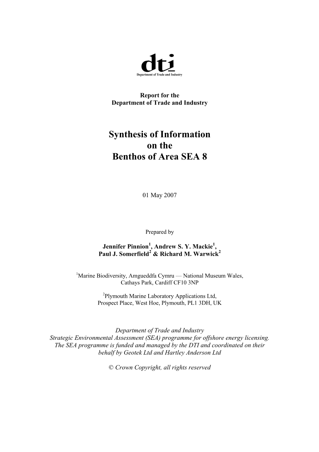 Synthesis of Information on the Benthos of Area SEA 8