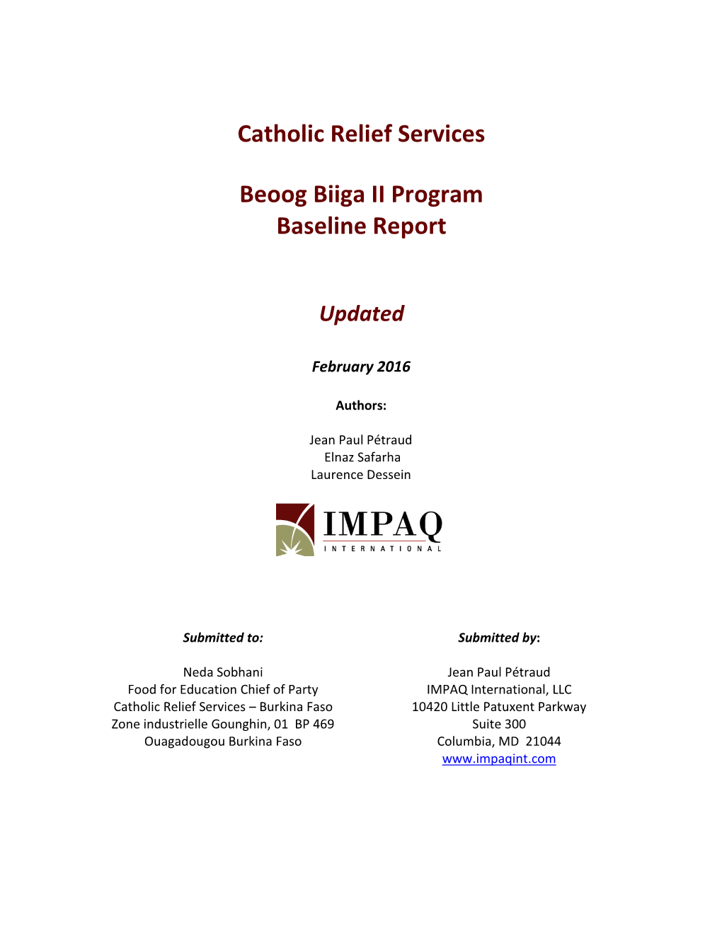 Catholic Relief Services Beoog Biiga II Program Baseline Report