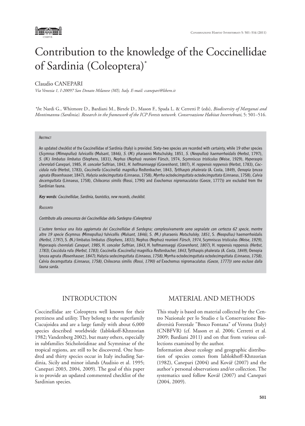 Contribution to the Knowledge of the Coccinellidae of Sardinia (Coleoptera) *