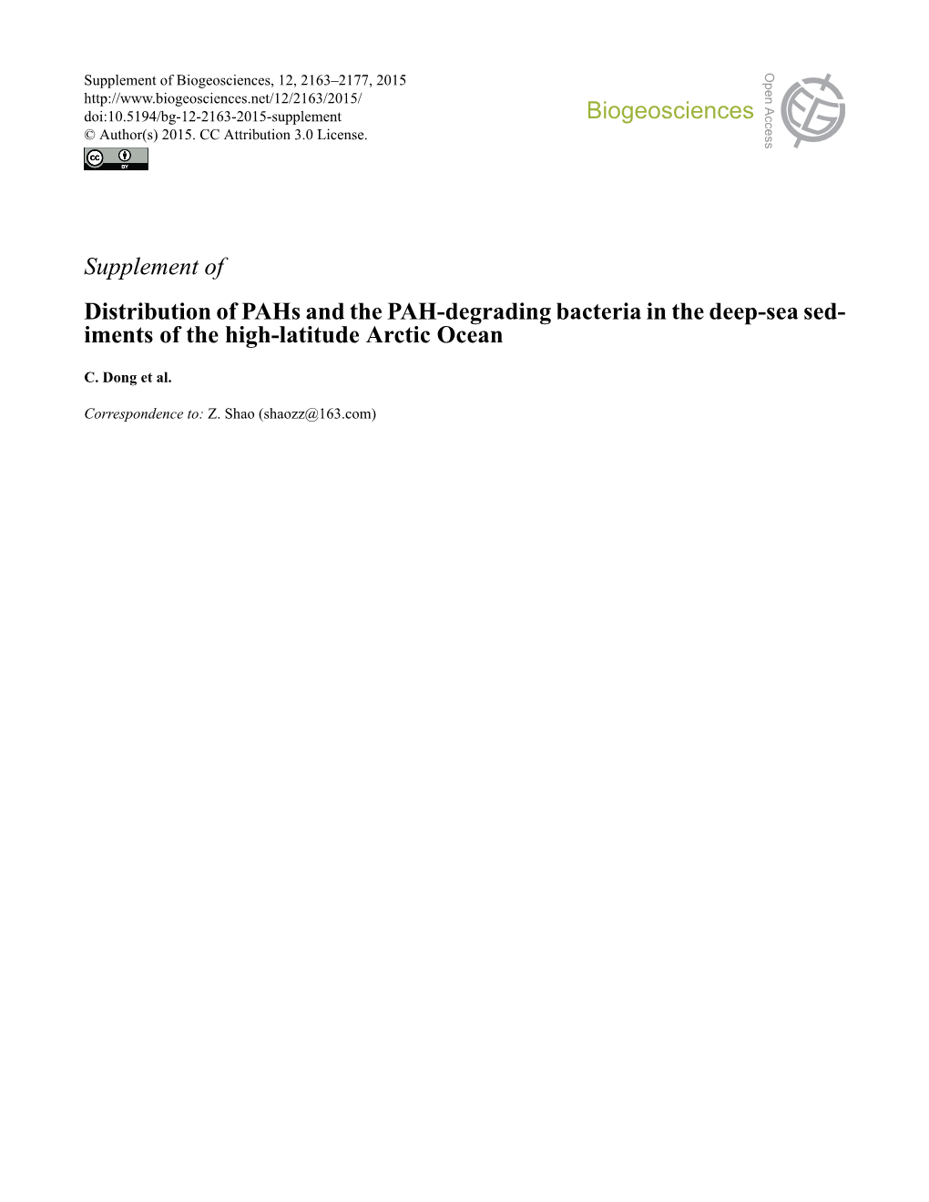 Supplement of Distribution of Pahs and the PAH-Degrading Bacteria in the Deep-Sea Sed- Iments of the High-Latitude Arctic Ocean