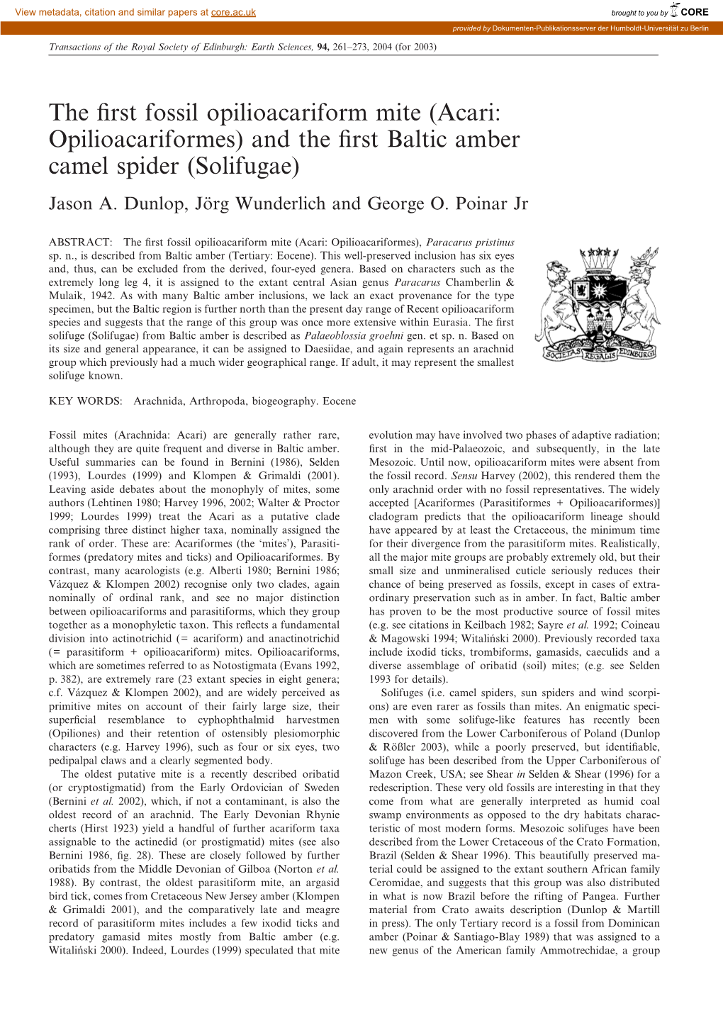 Acari: Opilioacariformes) and the ﬁrst Baltic Amber Camel Spider (Solifugae) Jason A