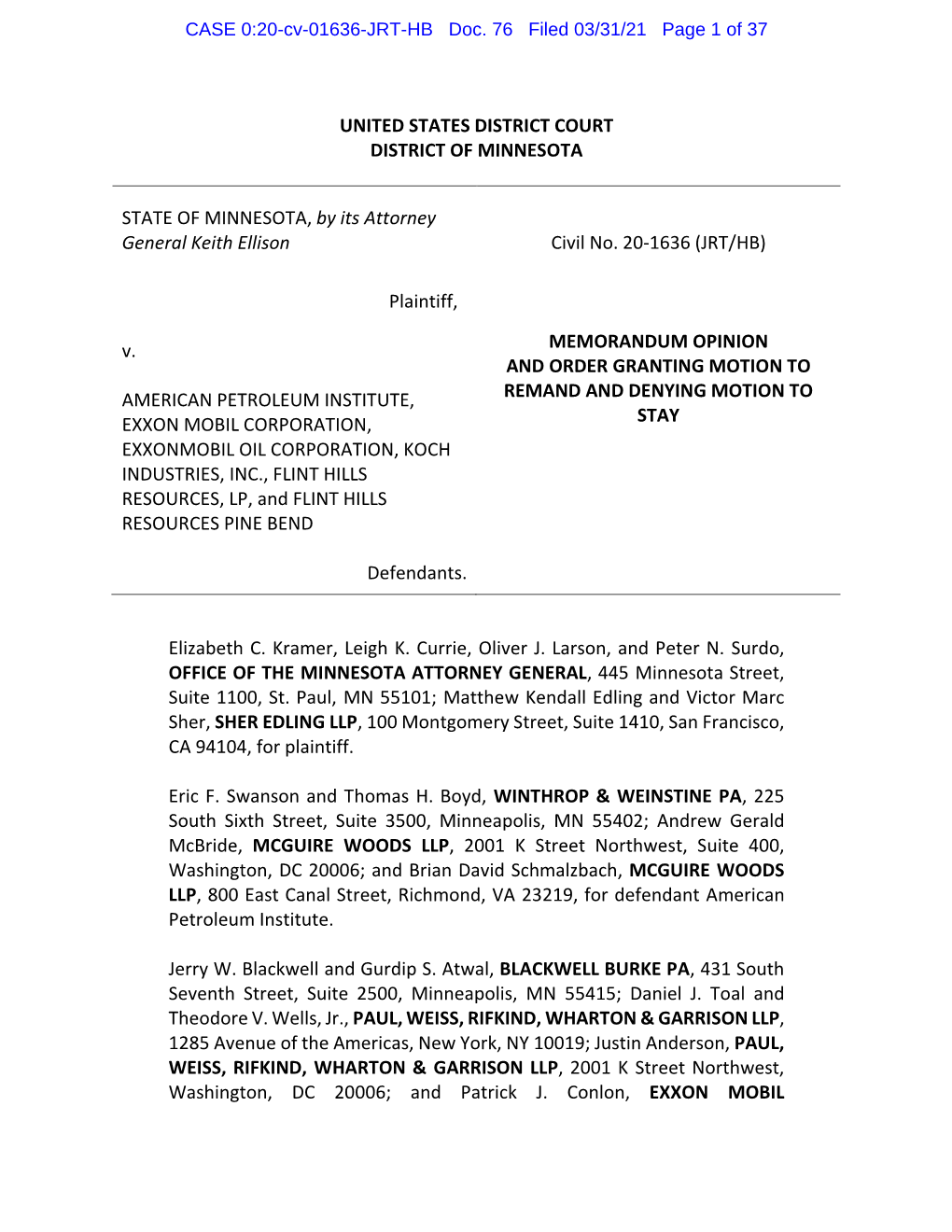 CASE 0:20-Cv-01636-JRT-HB Doc. 76 Filed 03/31/21 Page 1 of 37