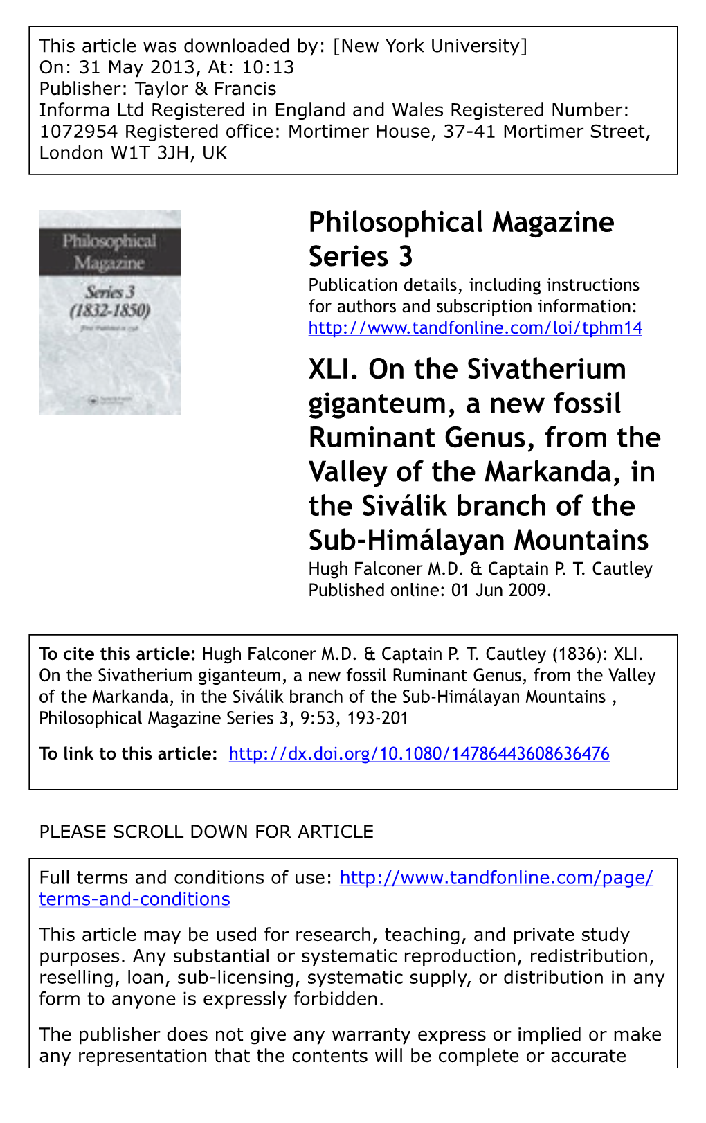 XLI. on the Sivatherium Giganteum, a New Fossil Ruminant Genus, From