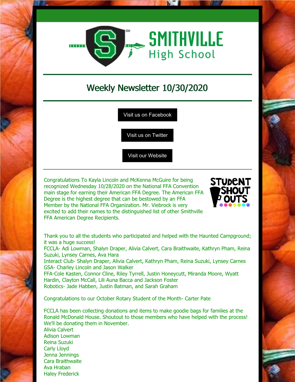 Weekly Newsletter 10/30/2020