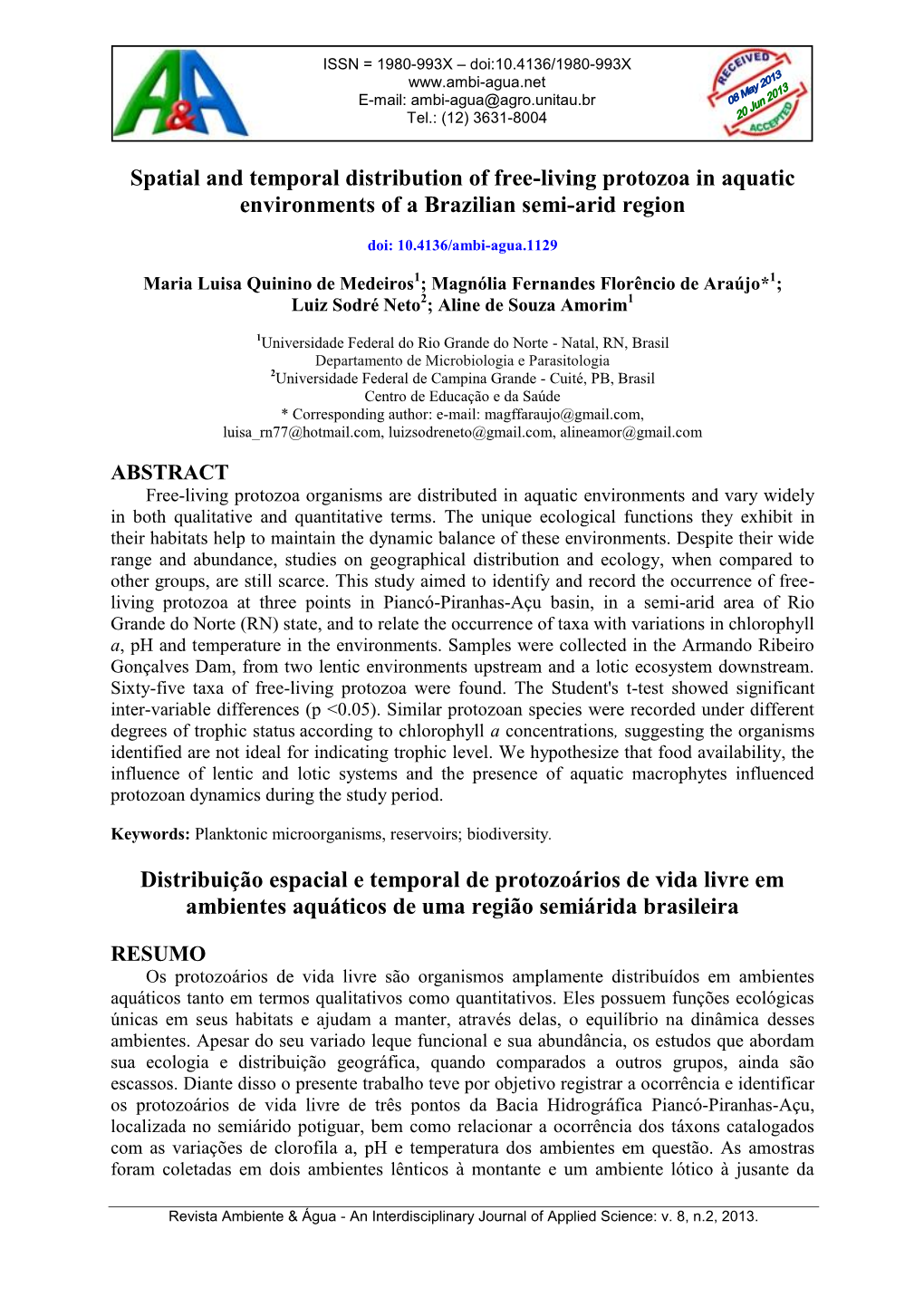 Spatial and Temporal Distribution of Free-Living Protozoa in Aquatic Environments of a Brazilian Semi-Arid Region