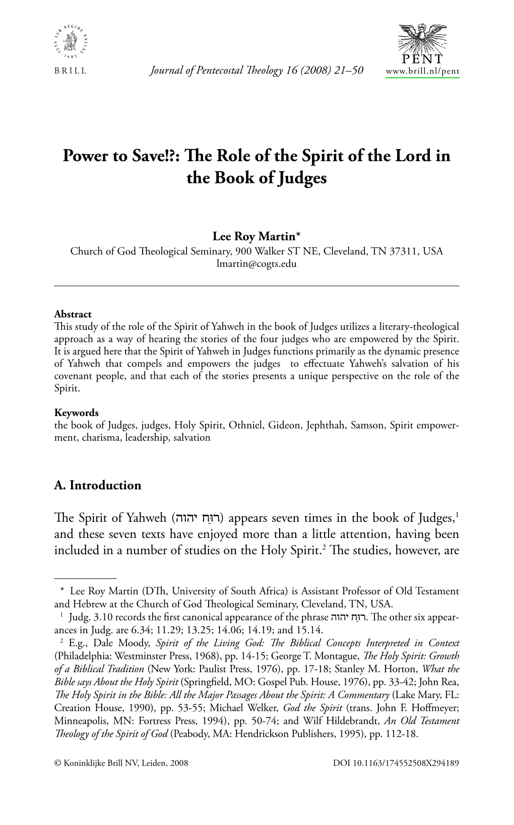 The Role of the Spirit of the Lord in the Book of Judges