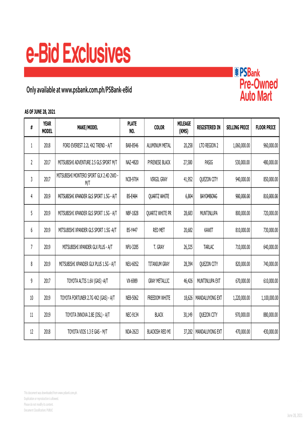 VEHICLES for SALE AS of June 28, 2021