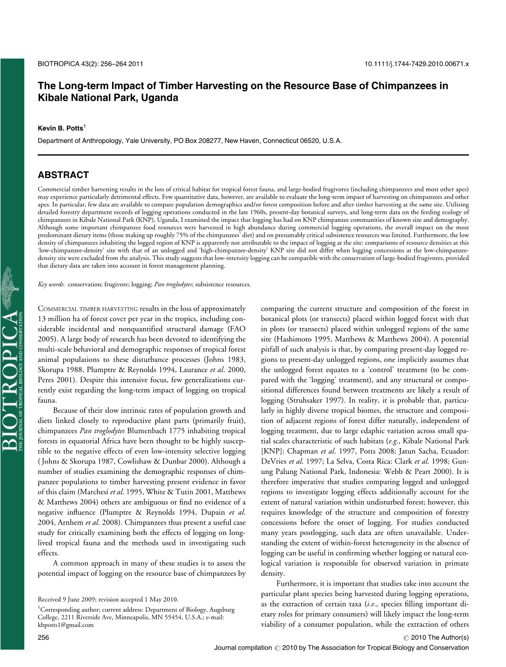 The Long-Term Impact of Timber Harvesting on the Resource Base of Chimpanzees in Kibale National Park, Uganda