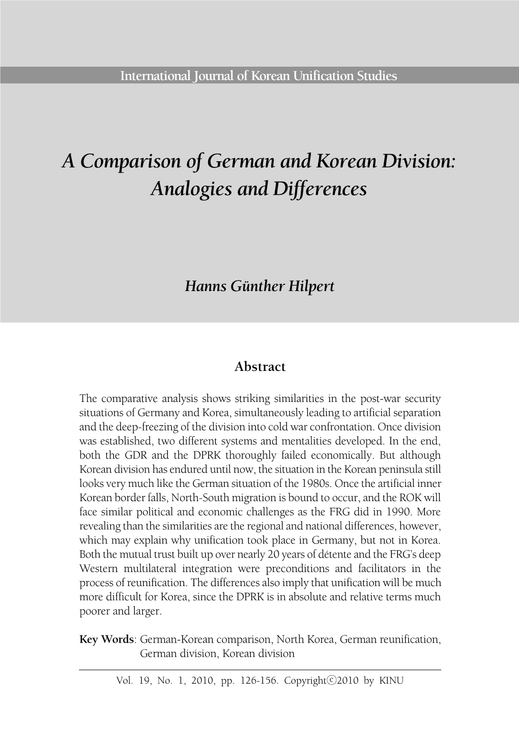 A Comparison of German and Korean Division: Analogies and Differences