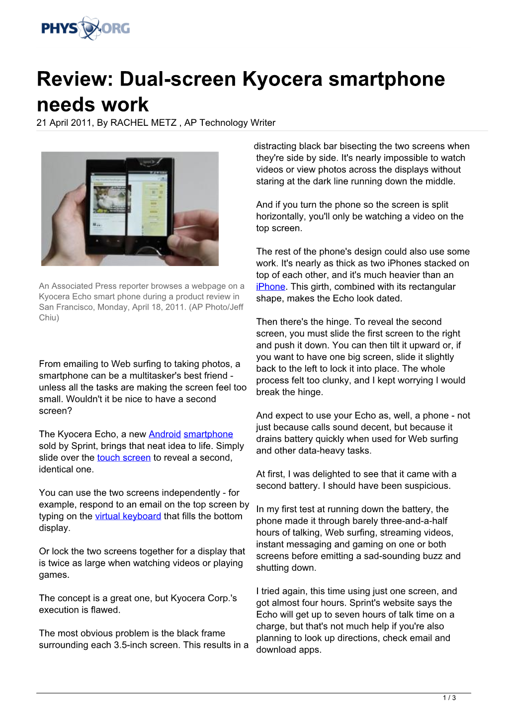 Dual-Screen Kyocera Smartphone Needs Work 21 April 2011, by RACHEL METZ , AP Technology Writer
