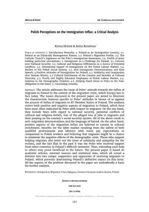 Polish Perceptions on the Immigration Influx: a Critical Analysis