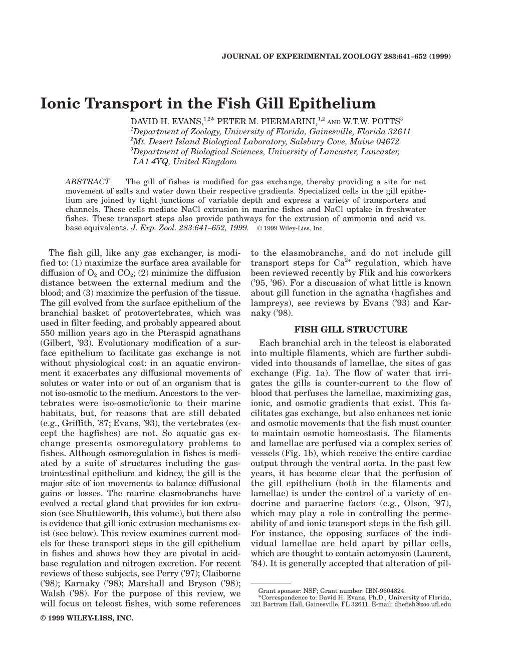 Ionic Transport in the Fish Gill Epithelium