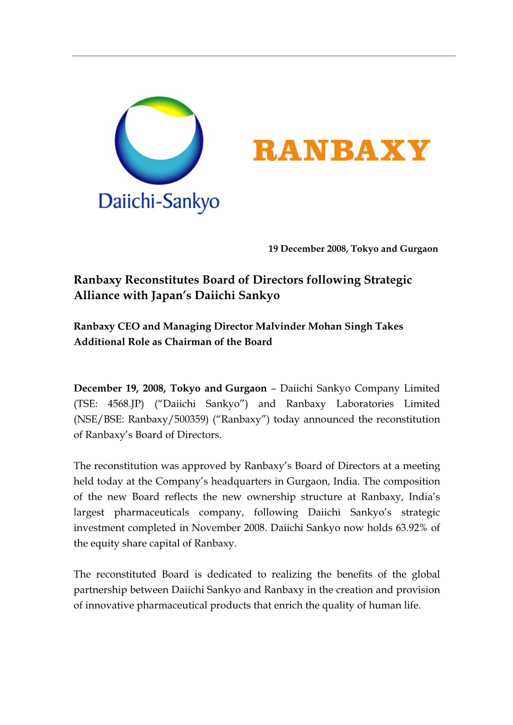Ranbaxy Reconstitutes Board of Directors Following Strategic Alliance with Japan’S Daiichi Sankyo