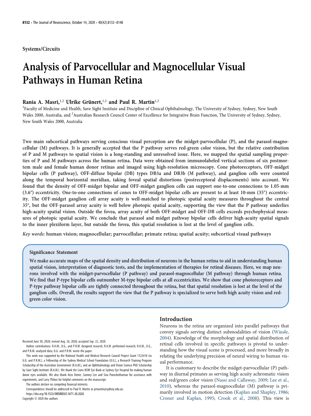 Analysis of Parvocellular and Magnocellular Visual Pathways in Human Retina