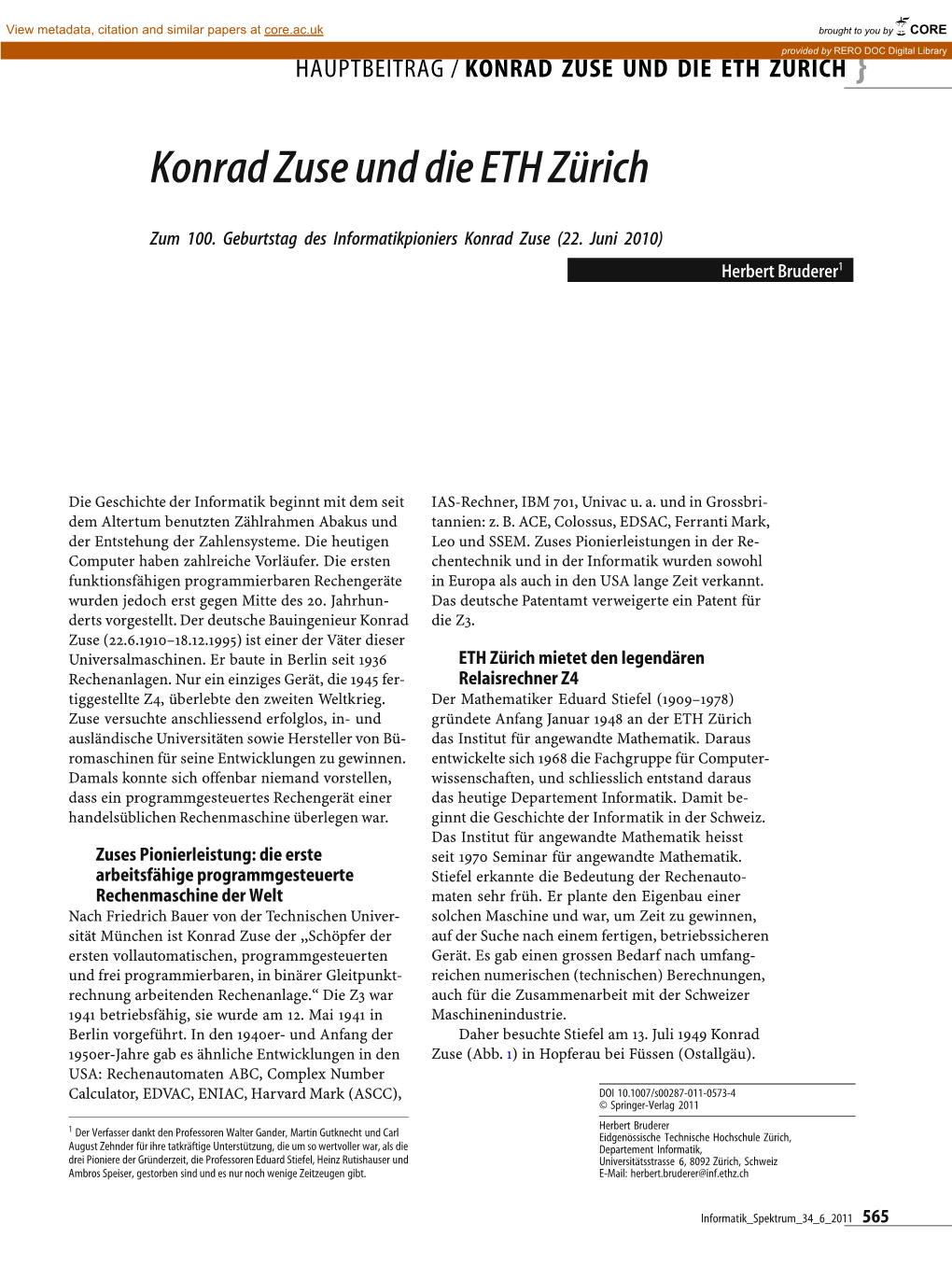 Konrad Zuse Und Die Eth Zürich }