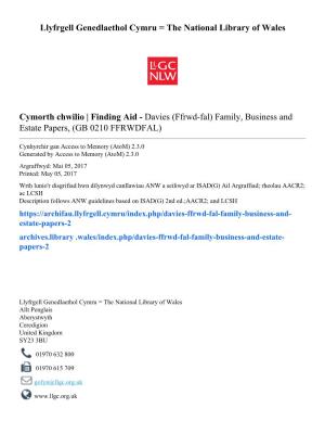 Finding Aid - Davies (Ffrwd-Fal) Family, Business and Estate Papers, (GB 0210 FFRWDFAL)