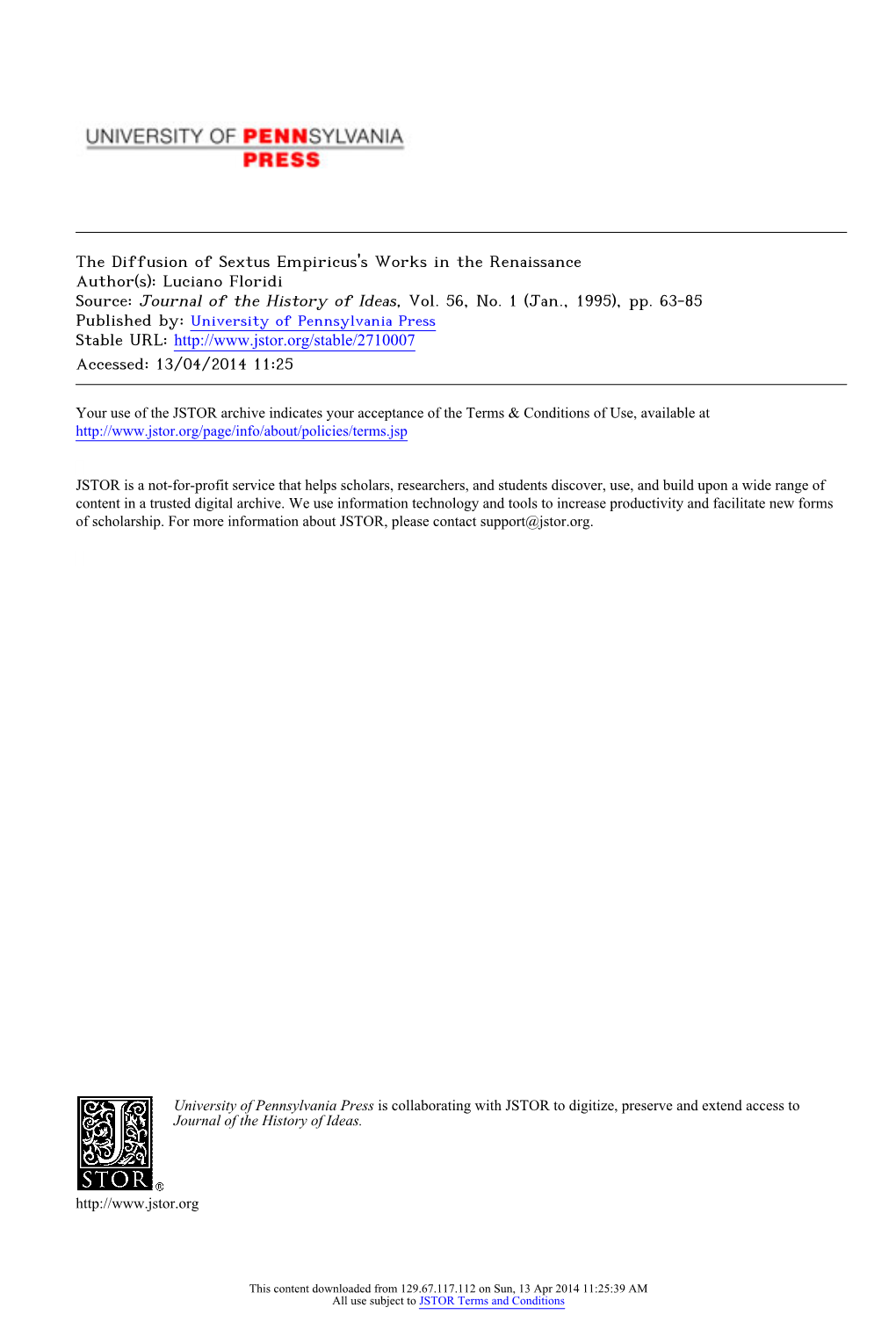 The Diffusion of Sextus Empiricus's Works in the Renaissance Author(S): Luciano Floridi Source: Journal of the History of Ideas, Vol