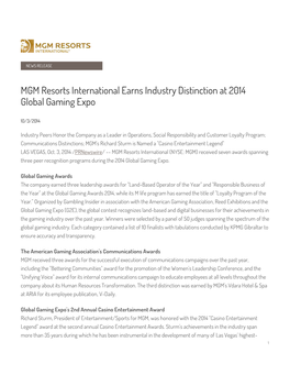 MGM Resorts International Earns Industry Distinction at 2014 Global Gaming Expo