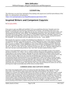 Inspired Writers and Competent Copyists by Eric Lyons, M.Min
