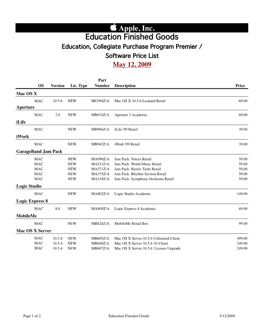 Apple, Inc. Education Finished Goods Education, Collegiate Purchase Program Premier / Software Price List May 12, 2009