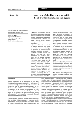 A Review of the Literature on Child- Hood Burkitt Lymphoma in Nigeria
