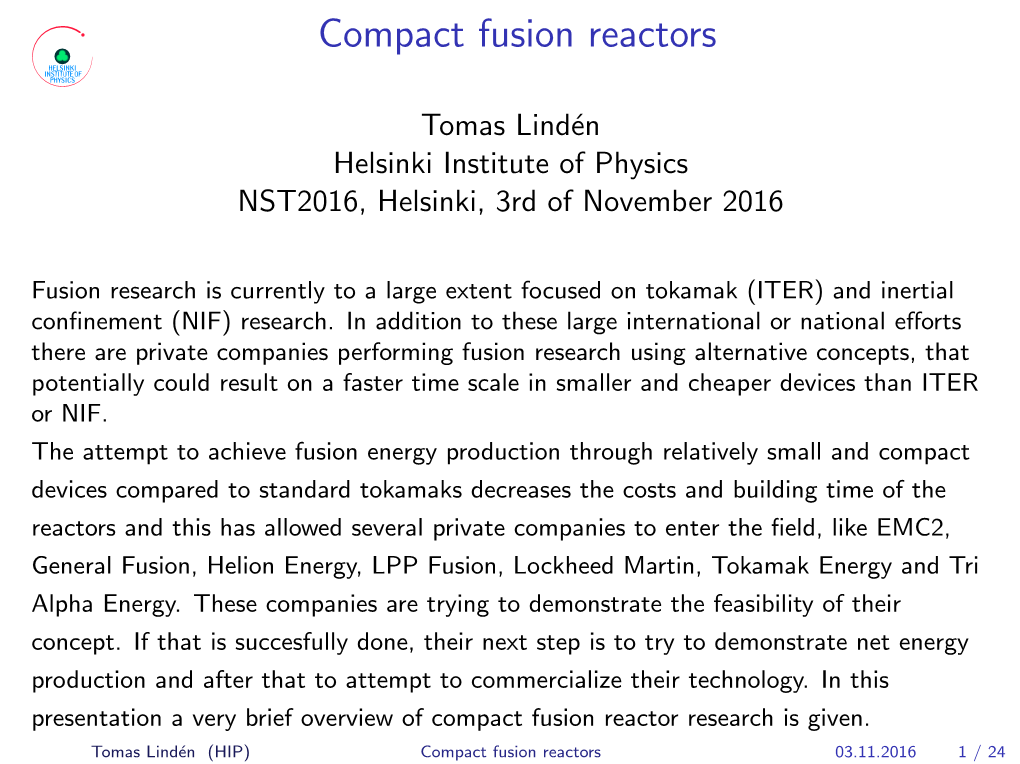 Compact Fusion Reactors