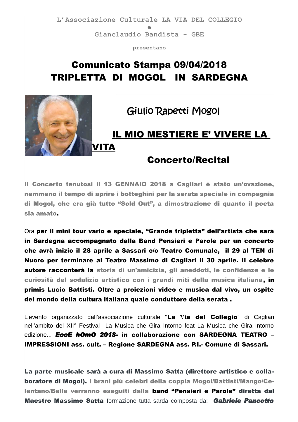Comunicato Stampa 09/04/2018 TRIPLETTA DI MOGOL in SARDEGNA