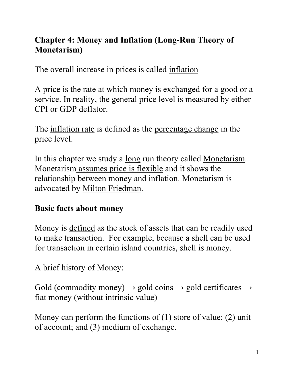 Chapter 4: Money and Inflation (Long-Run Theory of Monetarism)