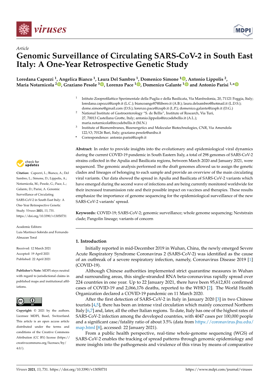 Genomic Surveillance of Circulating SARS-Cov-2 in South East Italy: a One-Year Retrospective Genetic Study