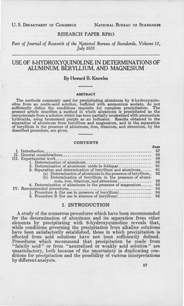 USE of 8-HYDROXYQUINOLINE in DETERMINATIONS of ALUMINUM, BERYLLIUM, and MAGNESIUM by Howard B