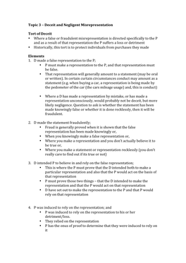 Deceit and Negligent Misrepresentation Tort of Deceit • Where