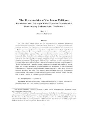 The Econometrics of the Lucas Critique: Estimation and Testing of Euler Equation Models with Time-Varying Reduced-Form Coeﬃcients