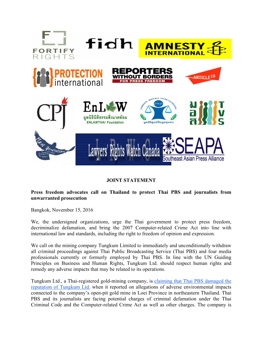 JOINT STATEMENT Press Freedom Advocates Call on Thailand To