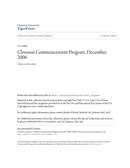 Clemson Commencement Program, December 2006 Clemson University