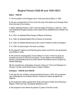 Mughal Period (1526-40 and 1555-1857)