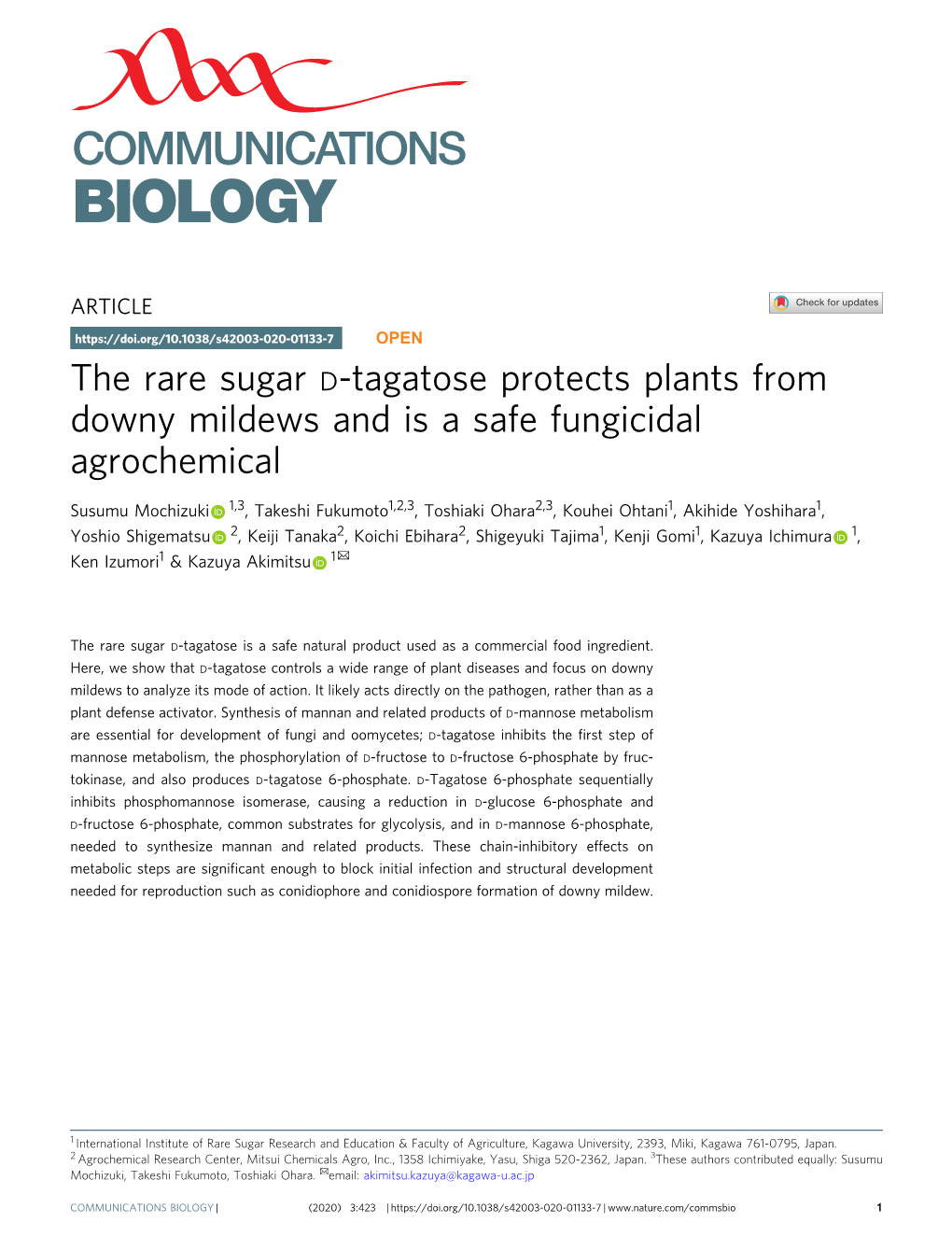 The Rare Sugar D-Tagatose Protects Plants from Downy Mildews and Is a Safe Fungicidal Agrochemical