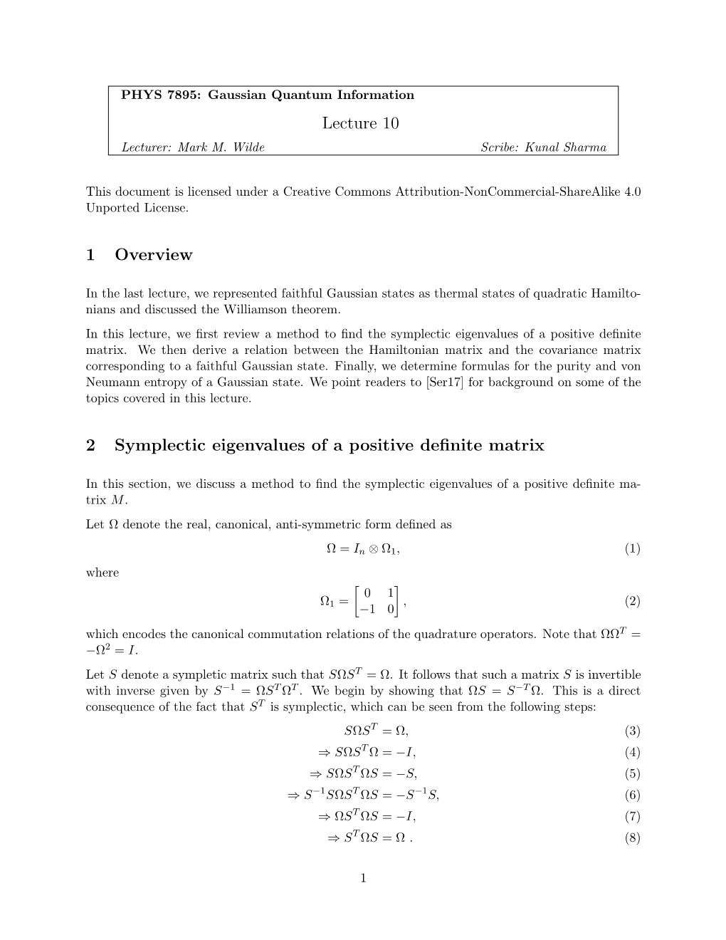 Lecture 10 1 Overview 2 Symplectic Eigenvalues of a Positive Definite