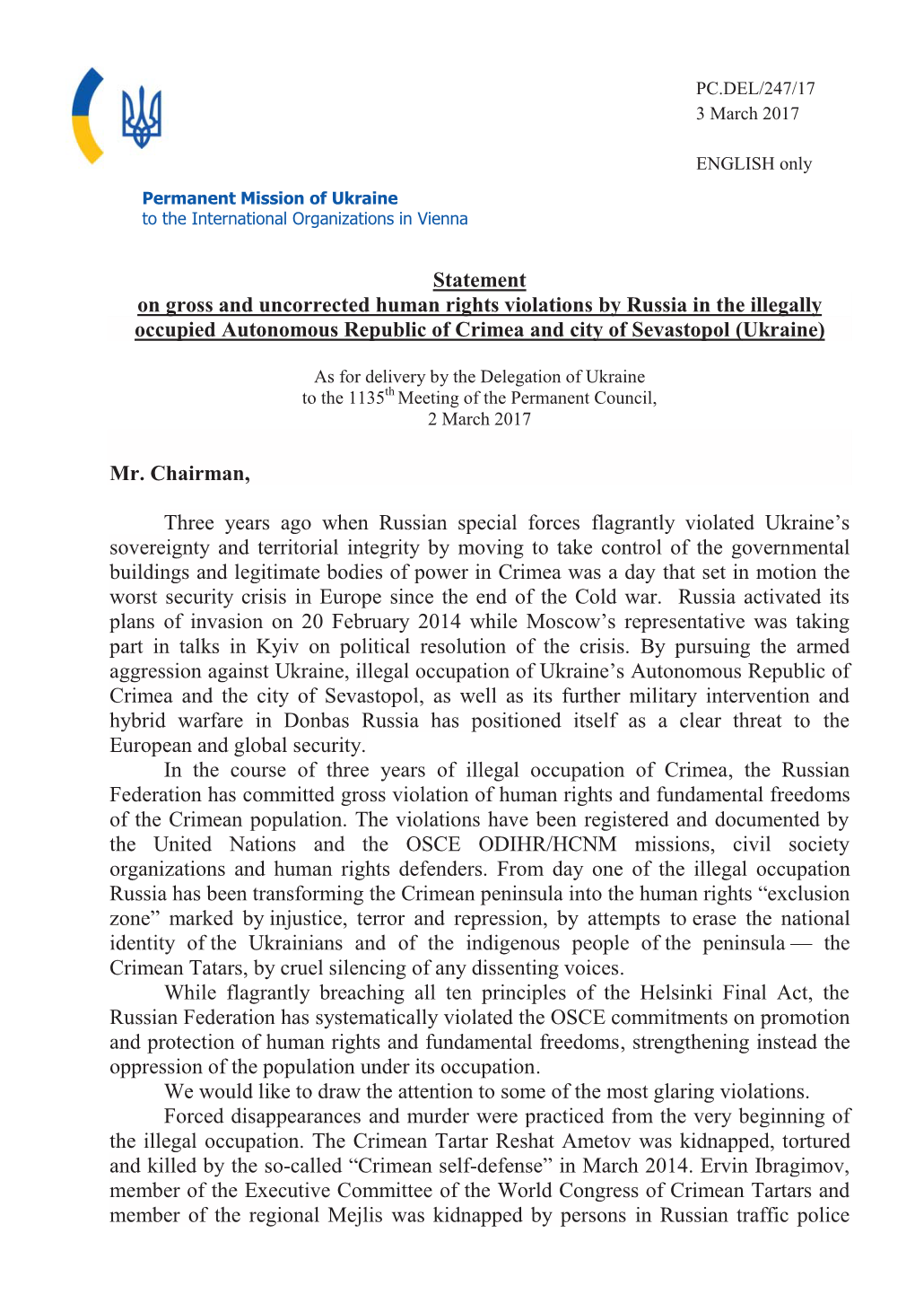Statement on Gross and Uncorrected Human Rights Violations by Russia in the Illegally Occupied Autonomous Republic of Crimea and City of Sevastopol (Ukraine)
