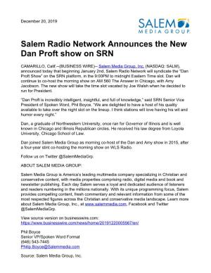 Salem Radio Network Announces the New Dan Proft Show on SRN