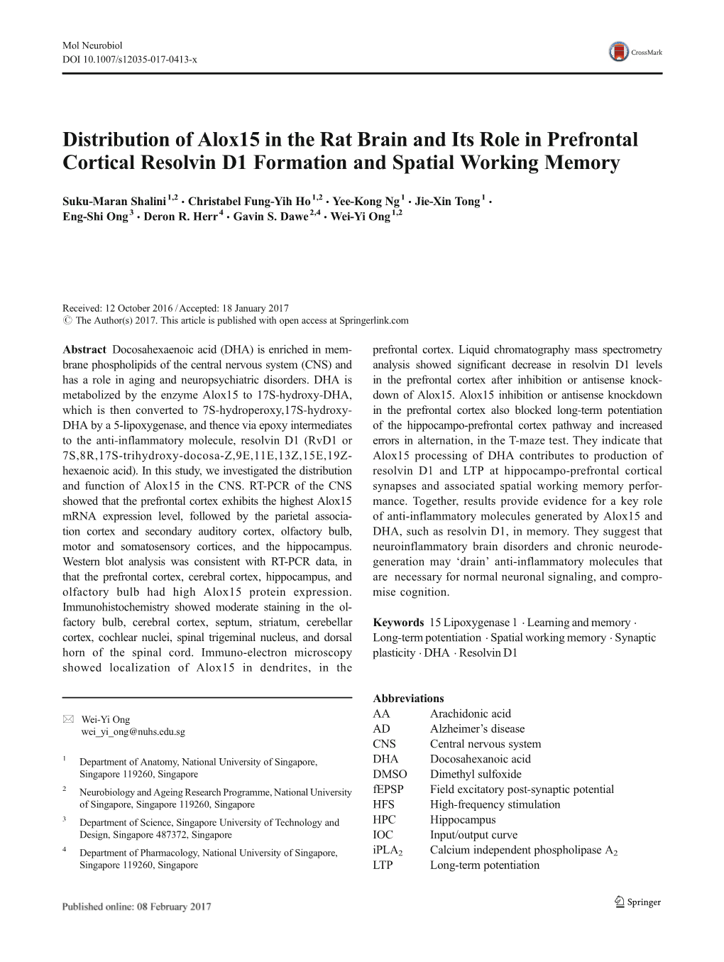 Distribution of Alox15 in the Rat Brain and Its Role in Prefrontal Cortical Resolvin D1 Formation and Spatial Working Memory